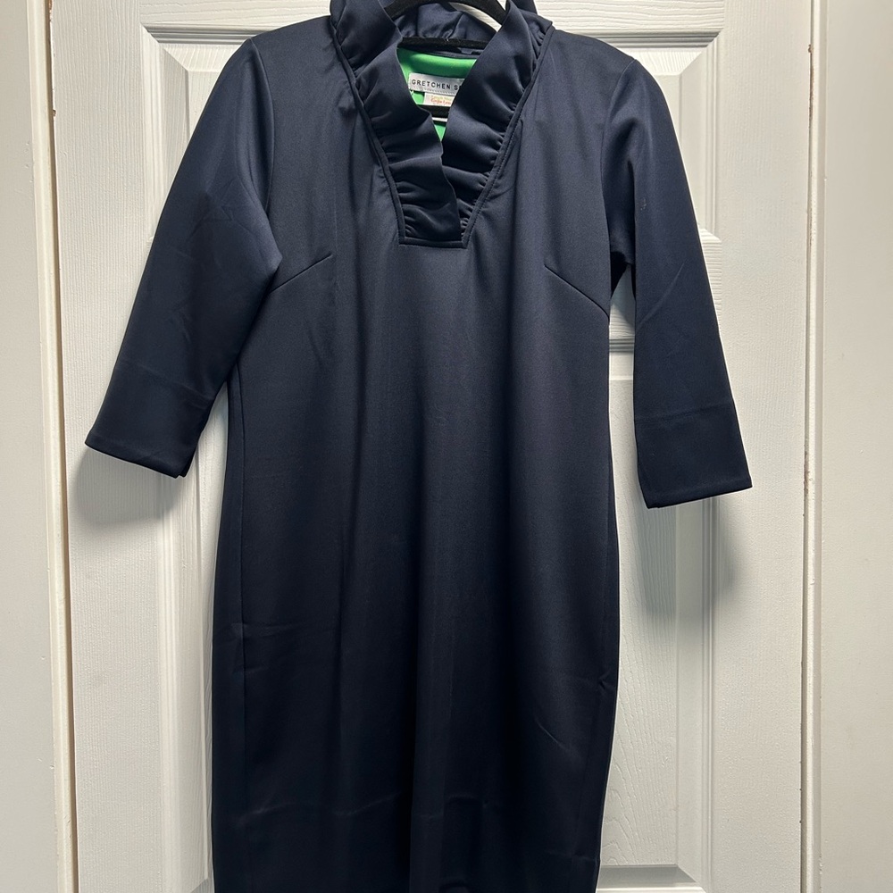 Gretchen Scott Designs Blue Sheath Dress with Ruffled Cowl Neck